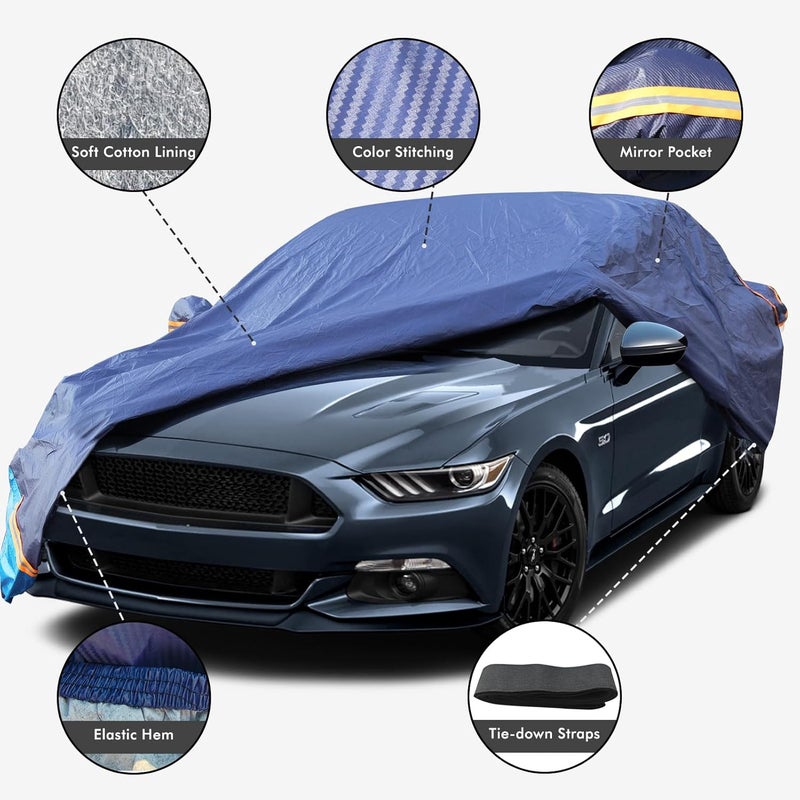 DINGHAO Car Cover Waterproof All Weather, 6 Layers Outdoor Full Exterior Cover Rain Sun UV Snowproof Protection with Zipper Cotton, Mirror Pocket for Ford Mustang - Image 2